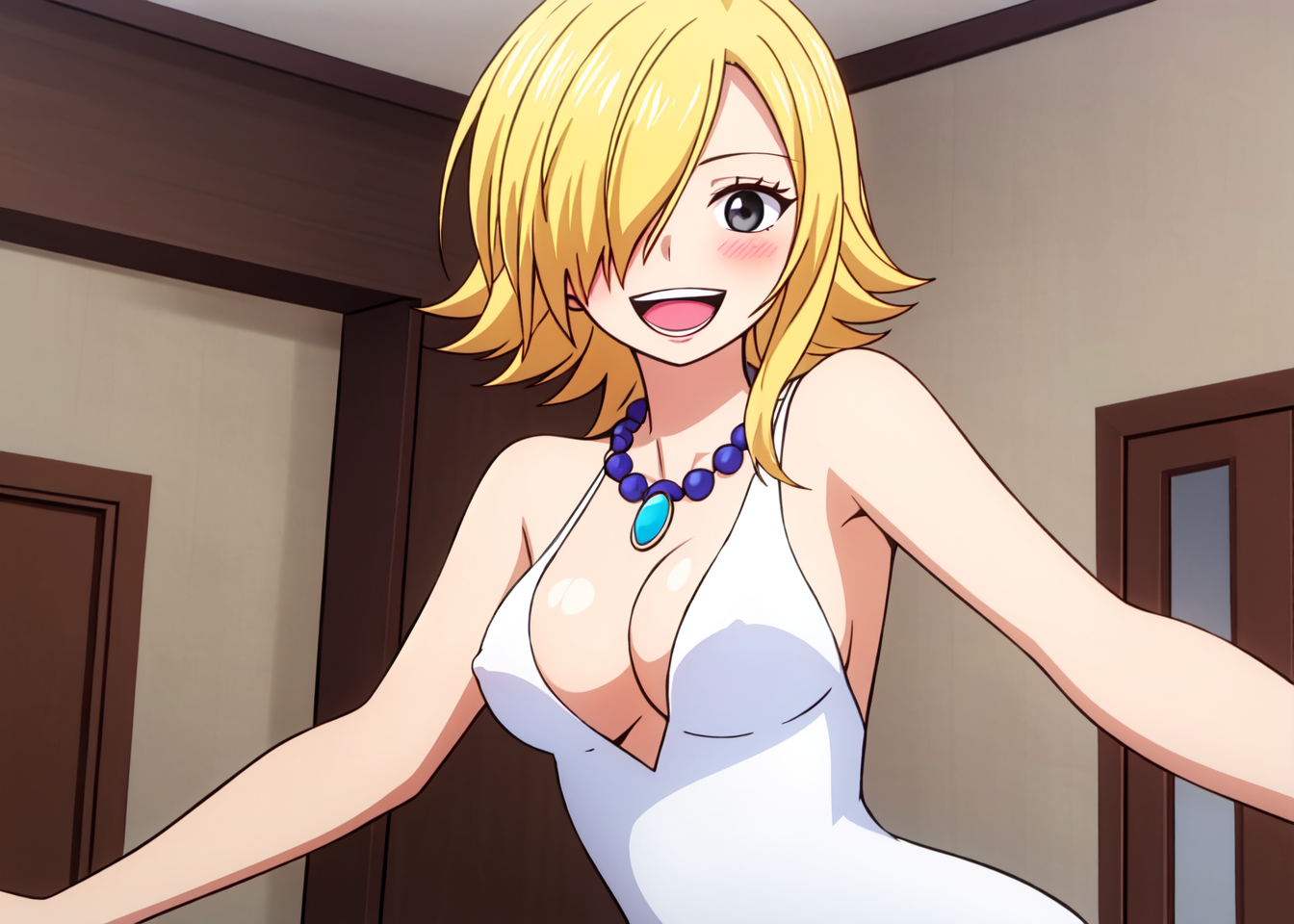 masterpiece, best quality, wanostyle, 1girl, breasts, solo, smile, dress, cleavage, blush, jewelry, teeth, necklace, blond...